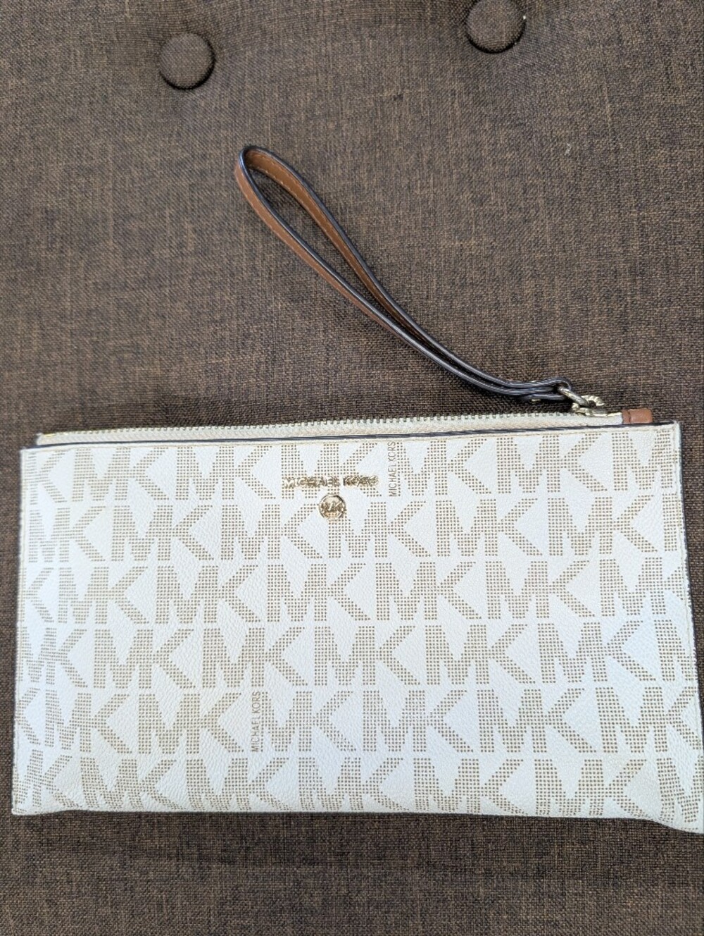 Michael Kors Cream and Tan MK Logo Wristlet Wallet